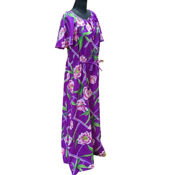 Hilo Hattie Hawaiian Purple Floral Maxi Dress With Belted Waist Short Sleeves Si - Picture 5 of 9